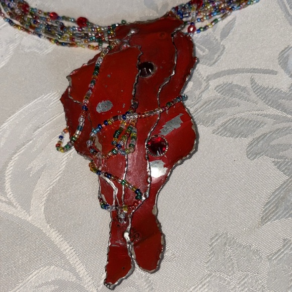 Handcrafted used multicolor Beaded Necklace w/lg. red metal hang dec. 8 strands - Picture 6 of 10